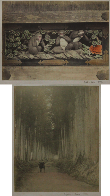 Top image: Koshin, Stable, Nikko / Bottom image: Cryptomeria Avenue, Nikko by Kimbei Kusakabe
