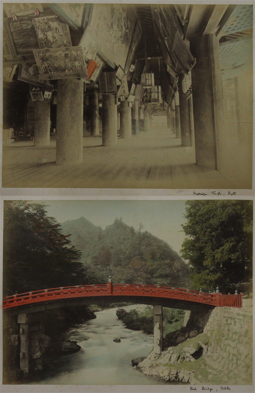 Top image: Kiyomizu Temple, Kyoto / Bottom image: Red Bridge, Nikko by Kimbei Kusakabe