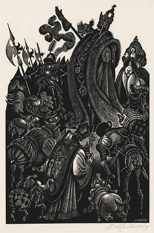The Follies of the Court (from: In Praise of Folly Portfolio of 10 woodcuts) by Fritz Eichenberg