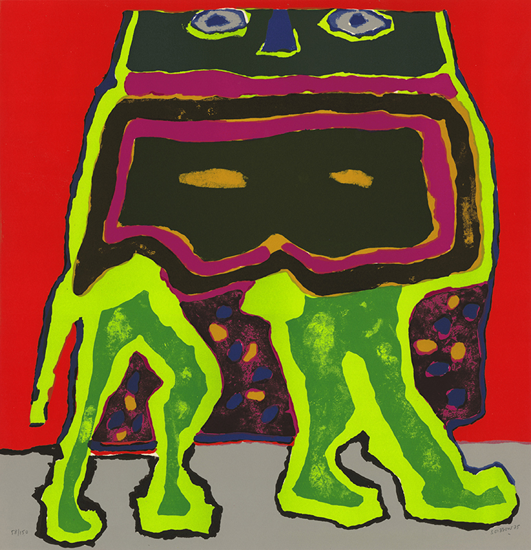 Bete (Abstract animal in multiple colors against red) by Jacques Soisson