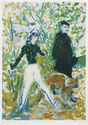 Untitled (Woman and child walking dog in park) by Marcel Vertes
